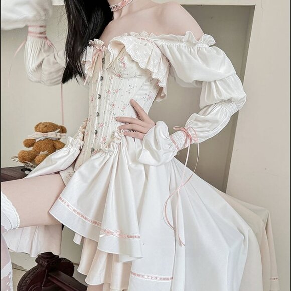 NWT White and Pink Floral Print Corset Top + Bloomers + Train Dress - Picture 6 of 9